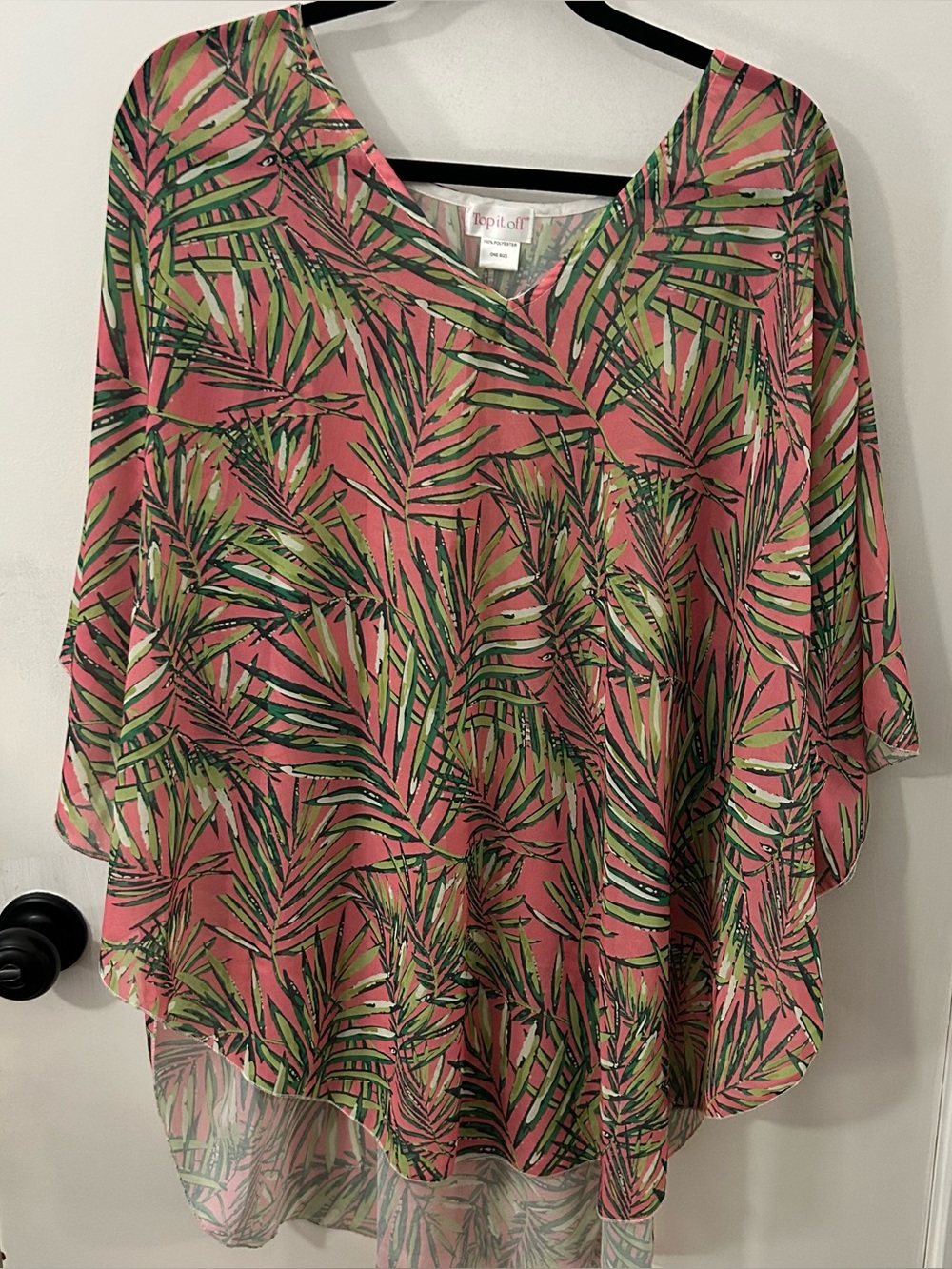 Top It Off Women’s Kaftan Pink Green Palm Leaf Swim Cover Up Shawl Poncho OS